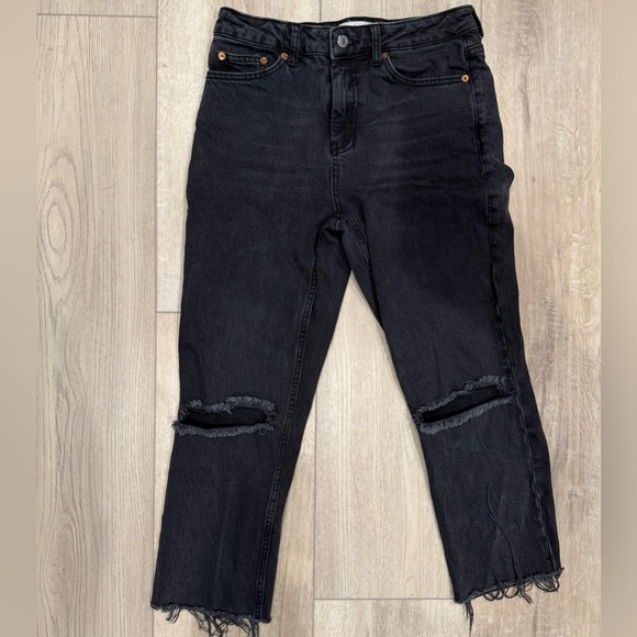 ASOS Topshop Women’s Straight-Leg High-Rise Ripped Black Denim Stretch Jeans 30 - Picture 1 of 8